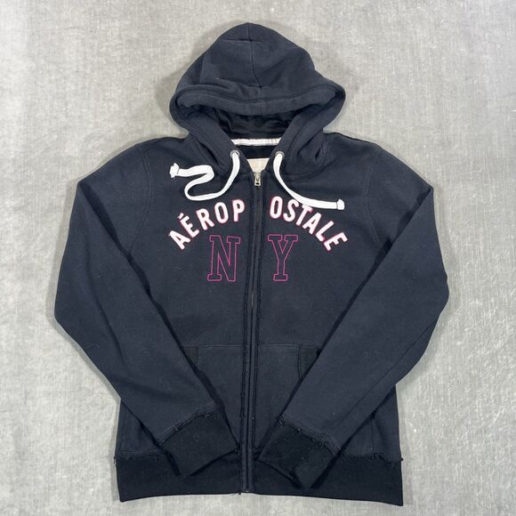 Aeropostale Womens Medium Black NY Raised Letter Full Zip Hoodie - Picture 1 of 10